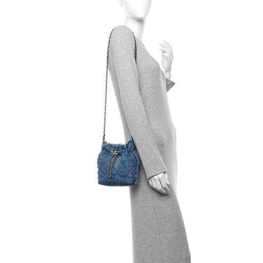 Denim Quilted Small Mood Bucket With Chain Blue Multicolor