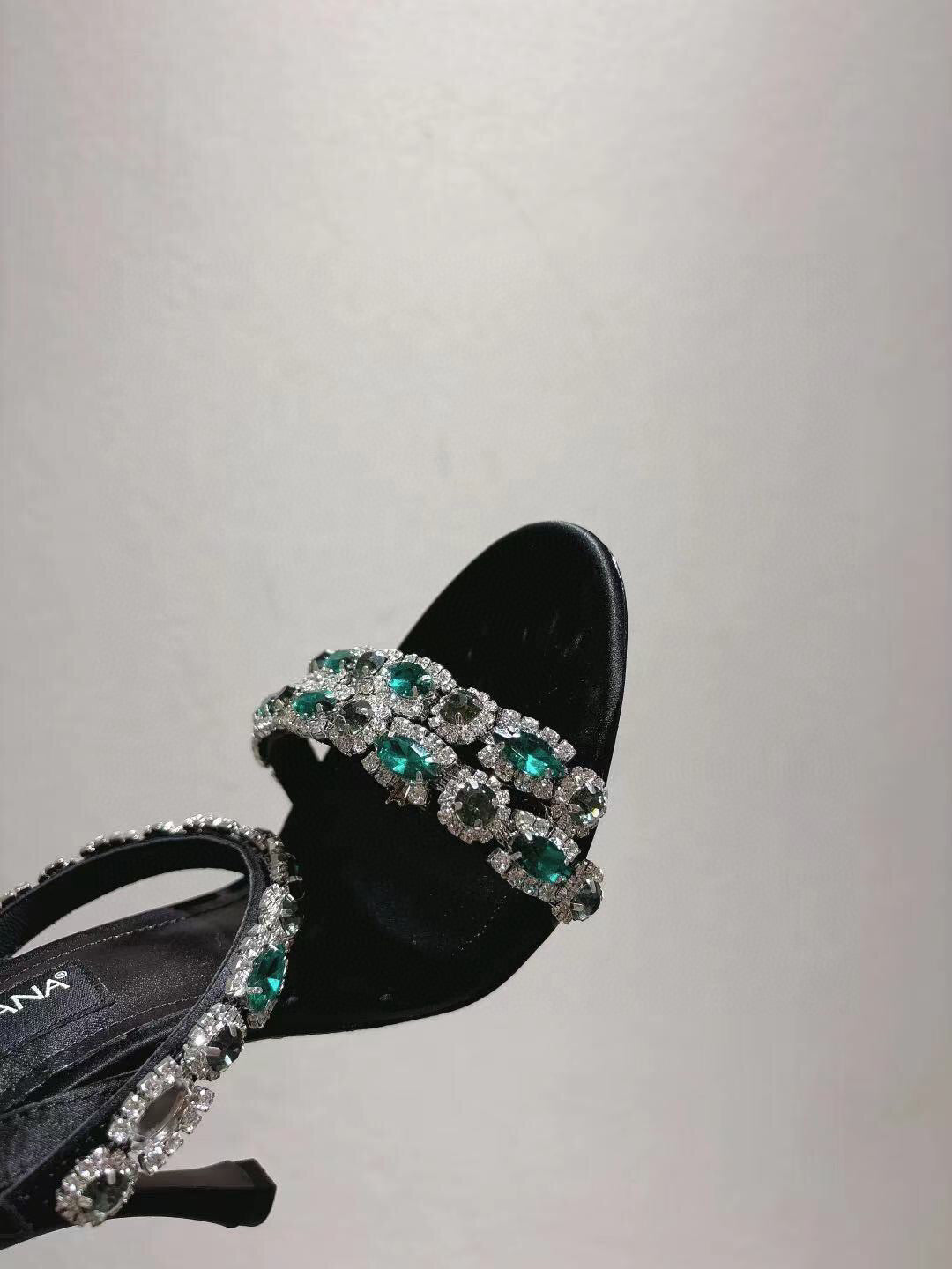 DG Sandals 10cm High Heel Green Crystal Embellished Black Silk