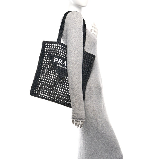 Yarn Raffia Effect Crochet Logo Embroidered Tote Bag Black