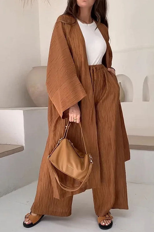 Conjunto informal de dos piezas con cárdigan largo y abertura de moda