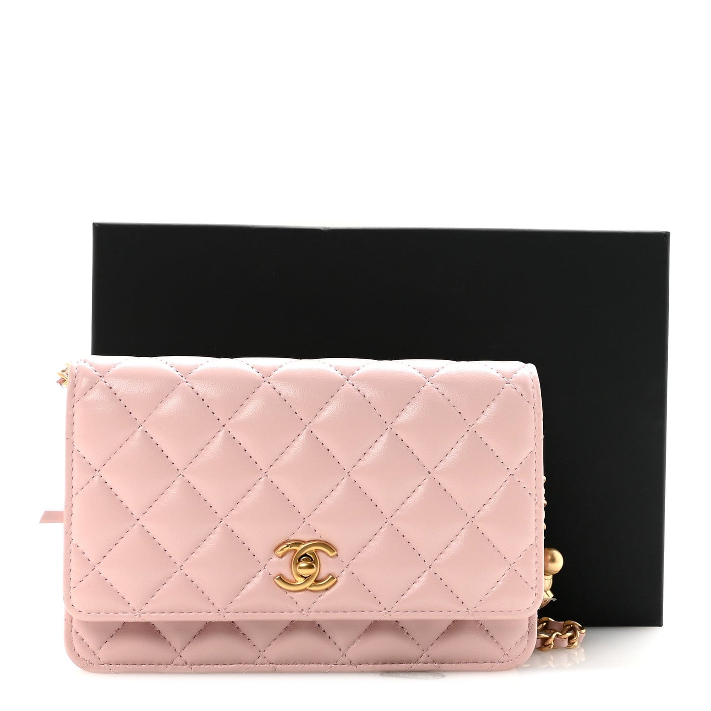Lambskin Quilted CC Pearl Crush Wallet on Chain WOC Light Pink