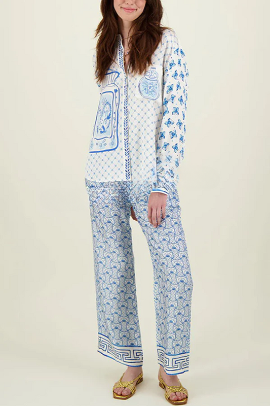 Conjunto de camisa holgada de manga larga y pantalón con cintura elástica con estampado único de dragón estilizado en satén