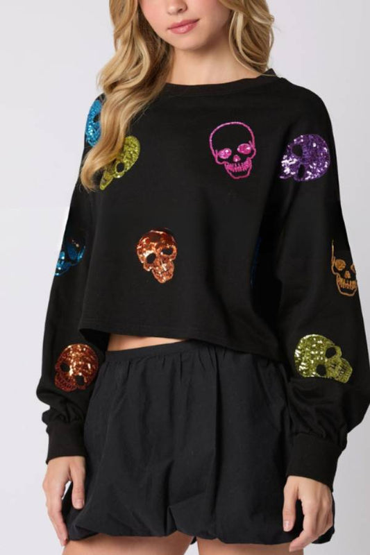 Sudadera informal holgada con lentejuelas y calavera de Halloween