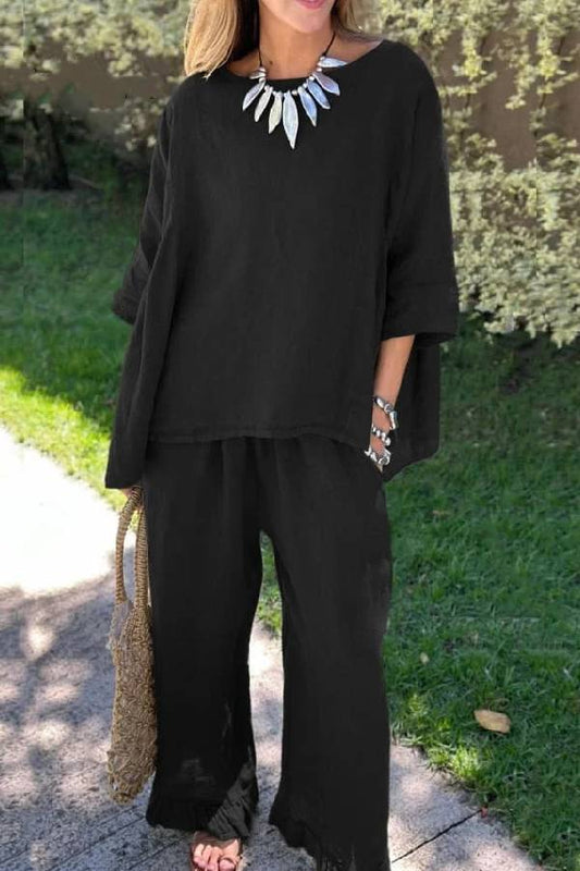 Conjunto informal de dos piezas de algodón y lino con top y pantalón holgados de color liso