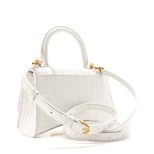 Shiny Calfskin Crocodile Embossed Hourglass Top Handle Bag XS White
