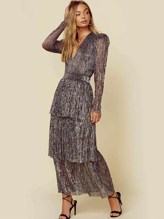 Tiered Maxi Dress Plunge Illusion Sleeves Strong Shoulder Prom Dresses