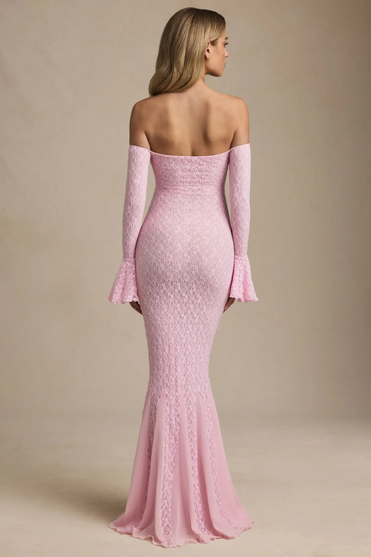 Off-Shoulder Ruffle Lace Maxi Dress in Soft Pink