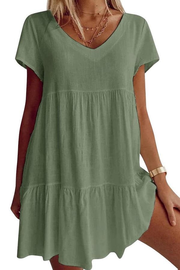 Vestido informal de mezcla de algodón con cuello en V y manga corta