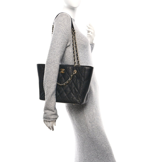 Caviar Quilted Small Trapezoid Chain Shopping Tote Black