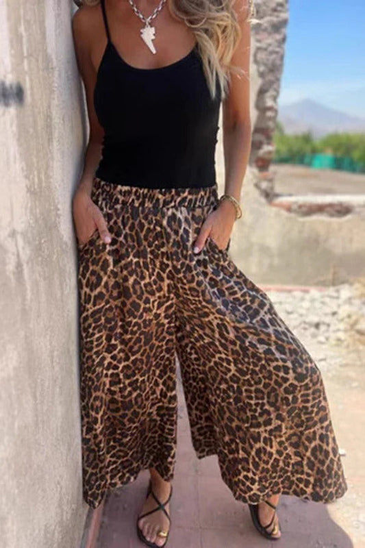 Pantalones anchos con bolsillo y cintura elástica con estampado de leopardo