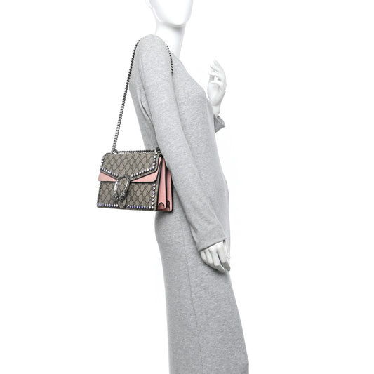 GG Supreme Monogram Suede Crystal Small Dionysus Shoulder Bag Beige Ebony Light Peonia