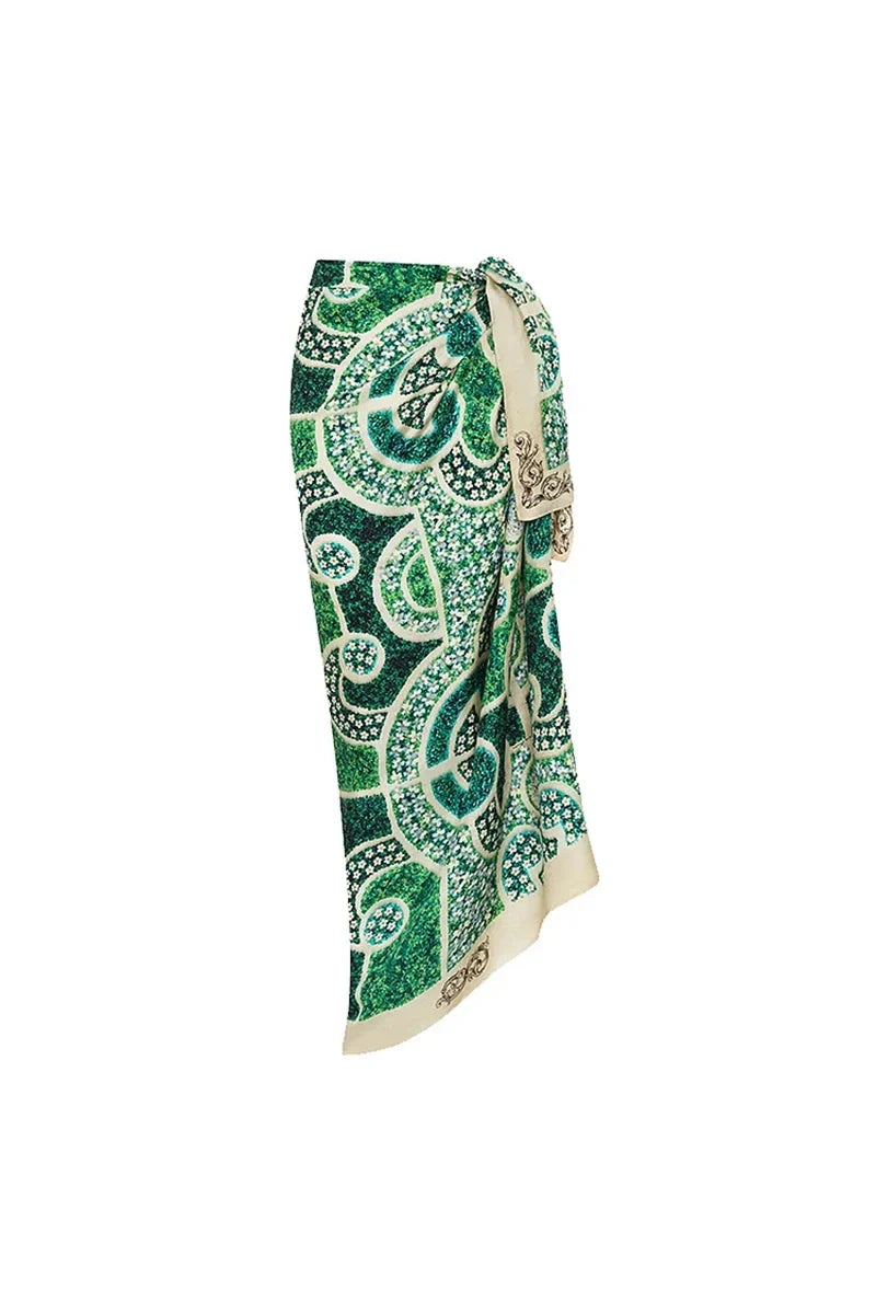 Green Ethnic Print One Piece Swimsuit Set