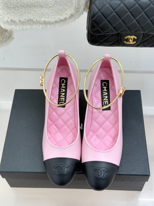CC 26C Ribbon Camellia Mary Jane With Giant Pearl Black Pink Lambskin