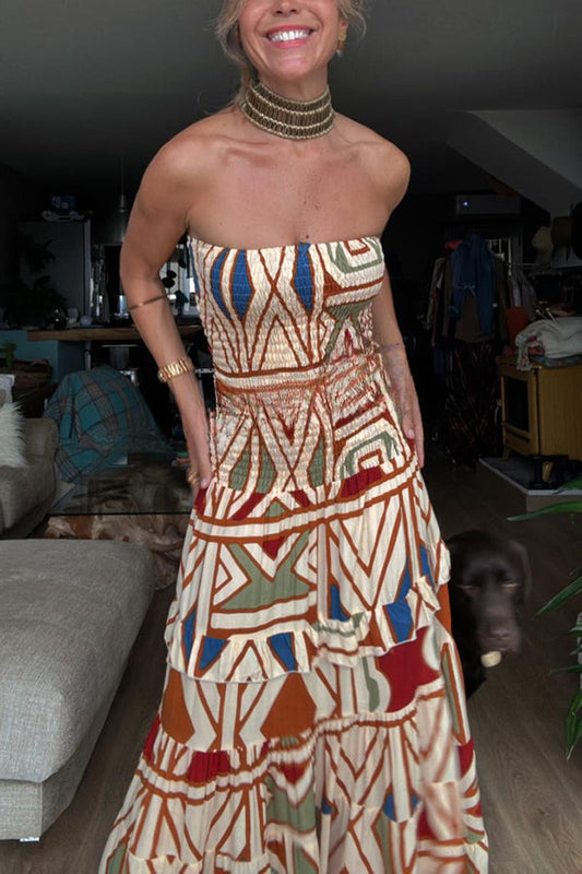 Vestido largo plisado con top de tubo y estampado único de estilo bohemio