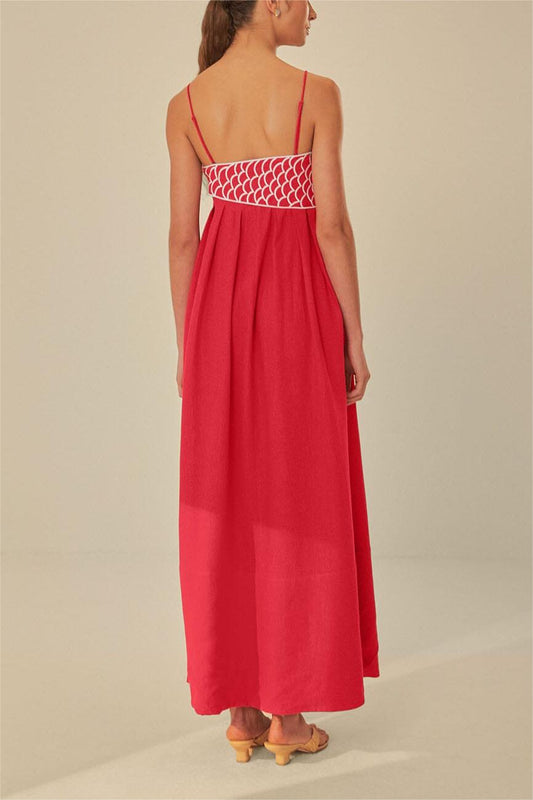 Vestido largo lencero con espalda descubierta y bordado