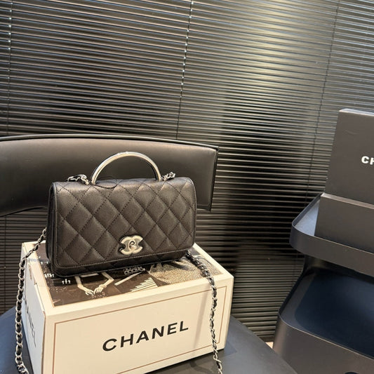 CHANEL SMALL FLAP BAG WITH TOP HANDLE SILVER TONE METAL BLACK 19CM AS5555 B20557 94305