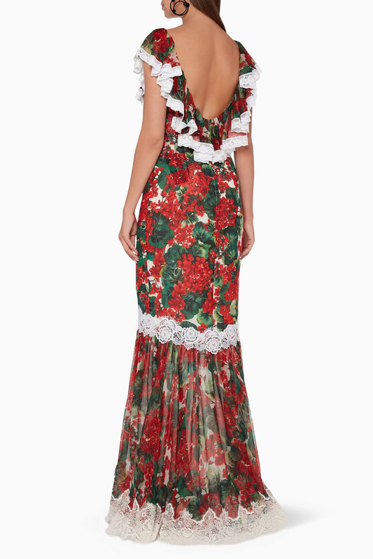 Lace Floral Frill Round Neck Midi Dress