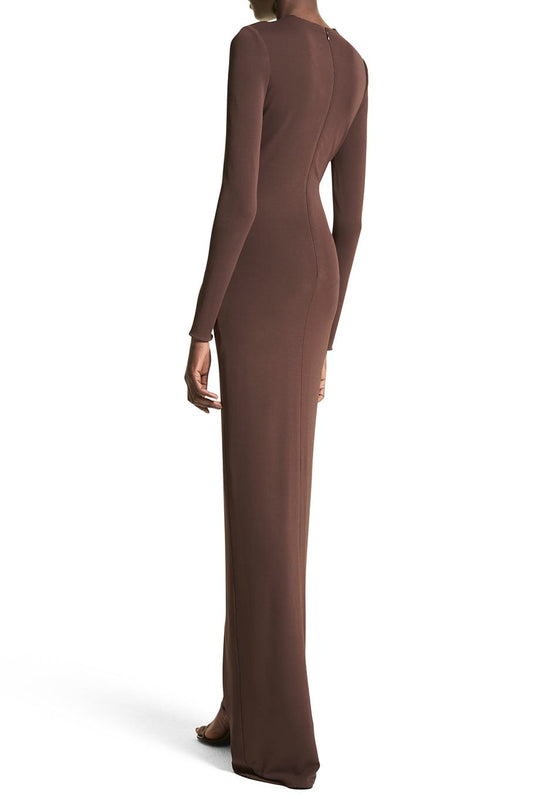 Vestido largo de jersey con cuello redondo fruncido