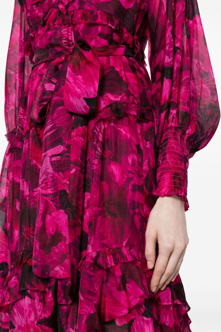 Vestido midi con mangas farol y volantes florales