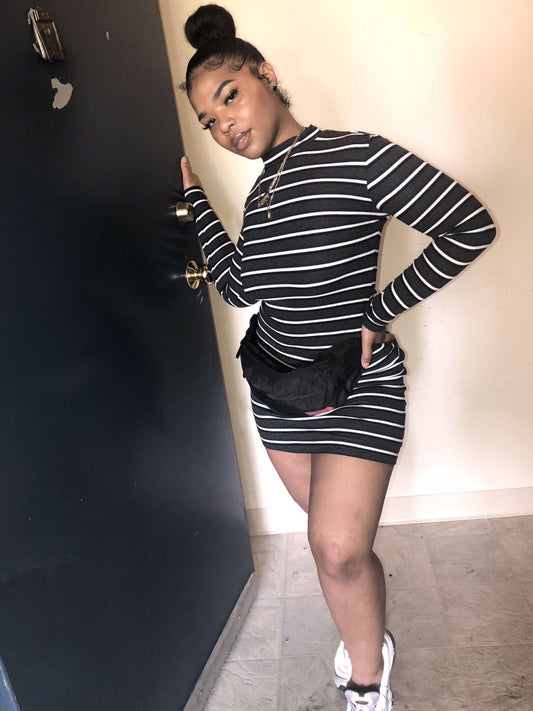 Women Clothing Striped Long Sleeve Short Dress