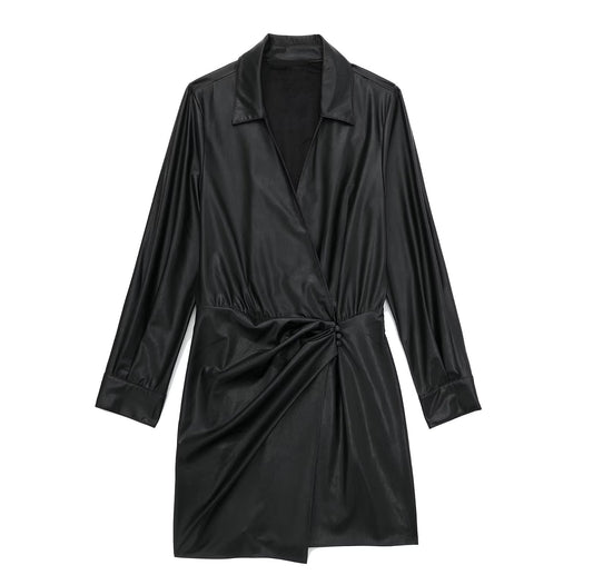 Vestido plisado decorativo de piel sintética para mujer de otoño