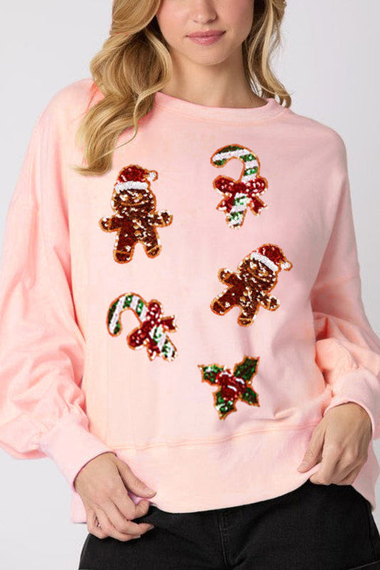 Sudadera informal de manga larga con lentejuelas y diseño de hombrecito de jengibre navideño