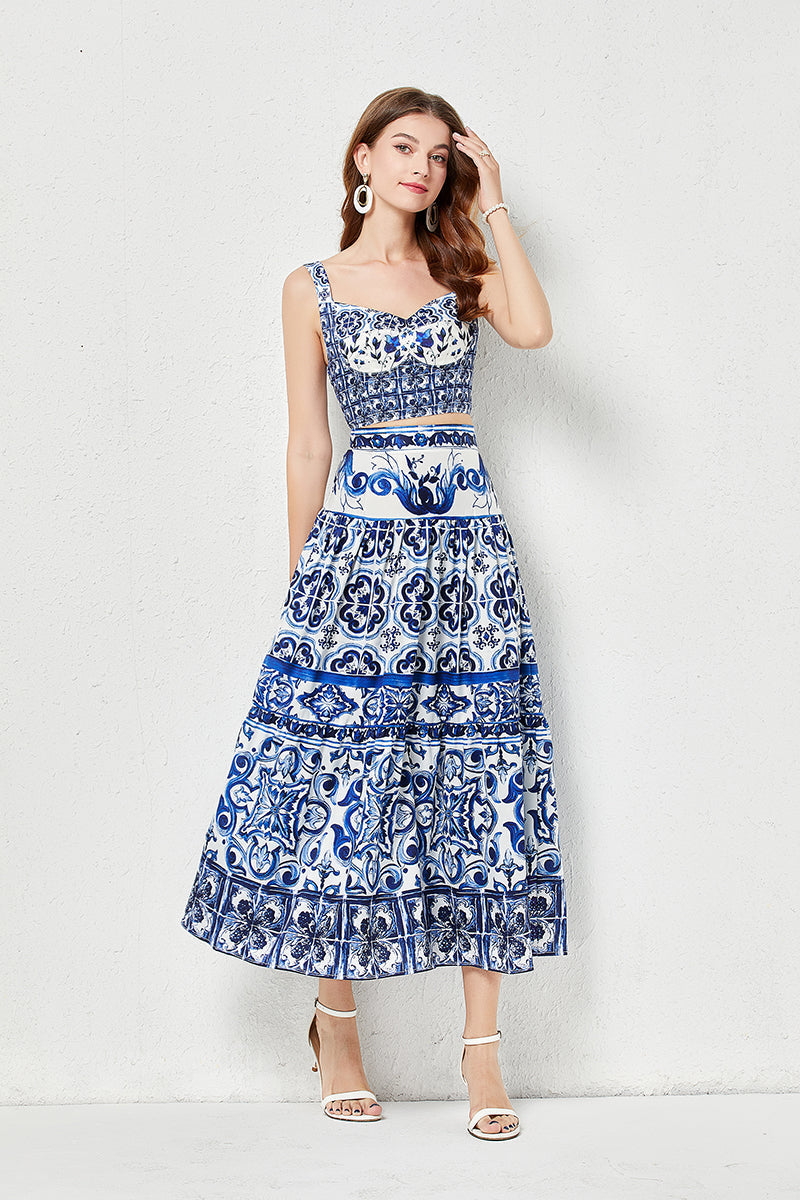 Conjunto de dos piezas de falda sin tirantes tridimensional con estampado de porcelana azul y blanca para mujer, con acolchado en el pecho