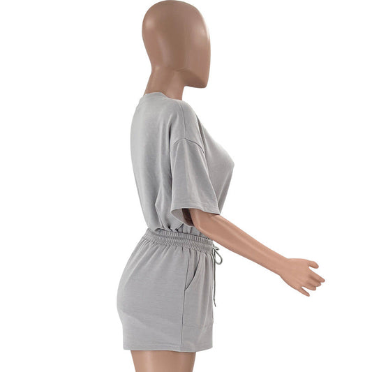 Jersey de cuello redondo de color liso con media manga para mujer, ropa informal, pantalones cortos, traje de verano
