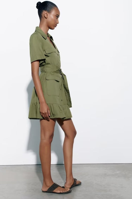 Vestido de popelina sencillo con cintura elegante para mujer de primavera