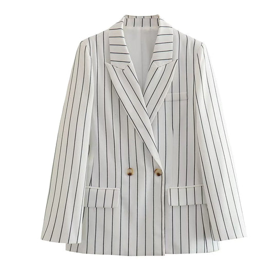 Pantalón de trabajo de cintura alta y raya de primavera para mujer, blazer cruzado
