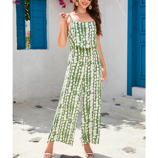 Camisola de algodón con estampado de verano para mujer, pantalones anchos de cintura alta, para vacaciones en la playa de Sanya