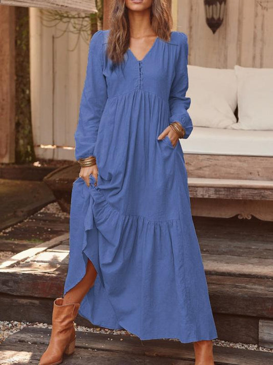Vestido informal retro de manga larga con botones de algodón y lino para mujer, vestido holgado de otoño e invierno, multicolor
