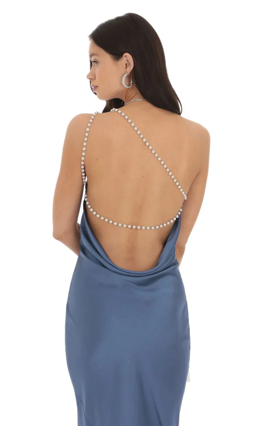 One Shoulder Pearl Satin Maxi Dress in Slate Blue