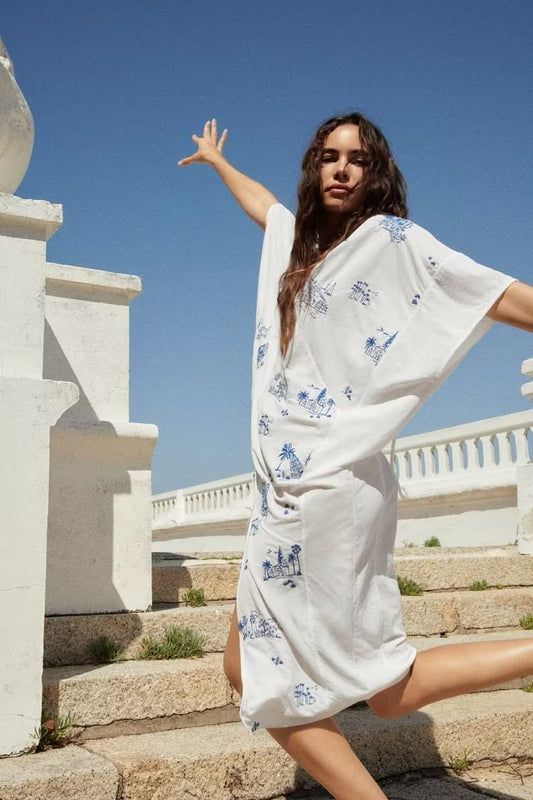Summer Wind Women Embroidered Long Shirt Dress