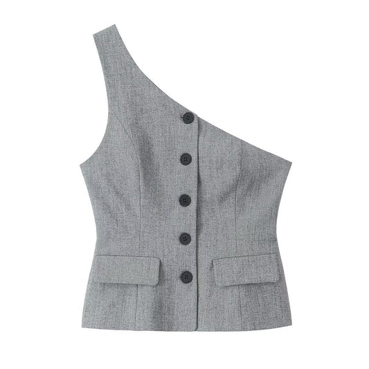 Ropa de otoño para mujer, chaleco asimétrico, diseño plisado, trajes de pantalón ajustado.