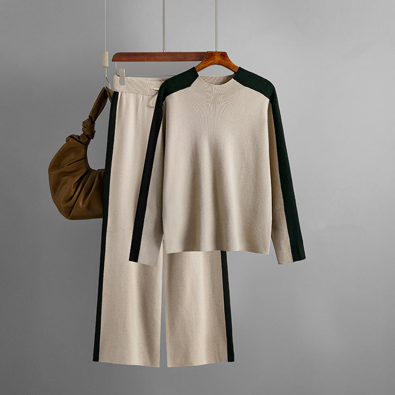 Traje de suéter de cuello alto para mujer, otoño invierno, contraste de color, pantalones cortos de patchwork, traje de dos piezas