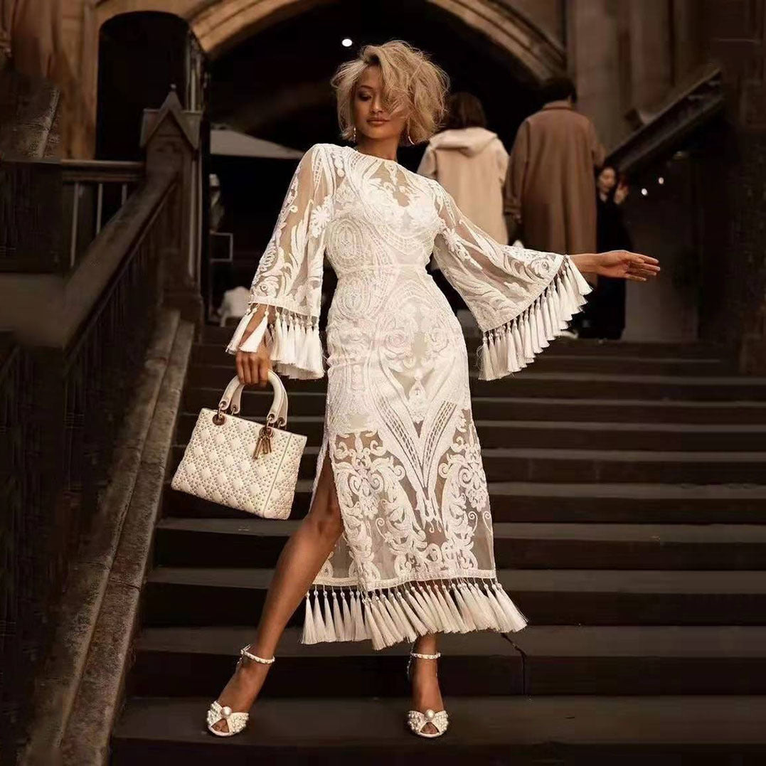 Vestido bordado de primavera para mujer, vestido blanco con borlas y encaje.