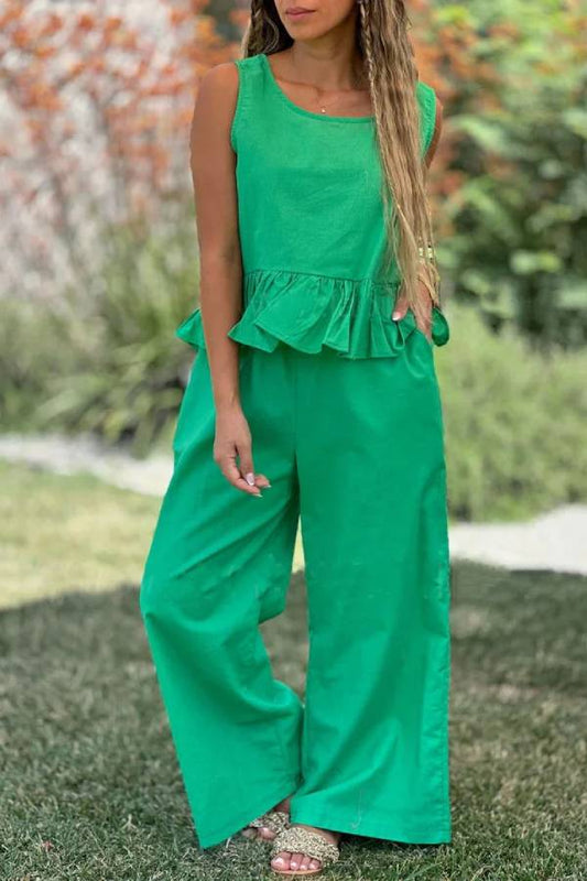Conjunto de dos piezas de top sin mangas y pantalones anchos de algodón y lino en color liso