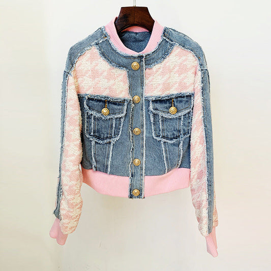 Conjunto de dos piezas de chaqueta universitaria, abrigo y falda con flecos sueltos y costuras de mezclilla de pata de gallo