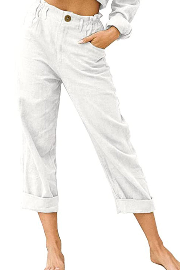 Pantalones casuales de cintura alta holgados de moda de algodón y lino de color sólido