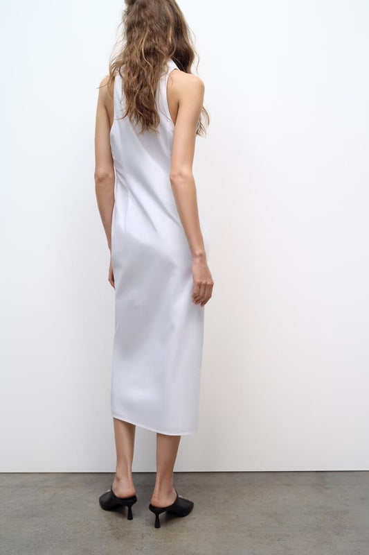 Women Clothing Summer Sexy Collared off the Shoulder Long Zipper Dress Women