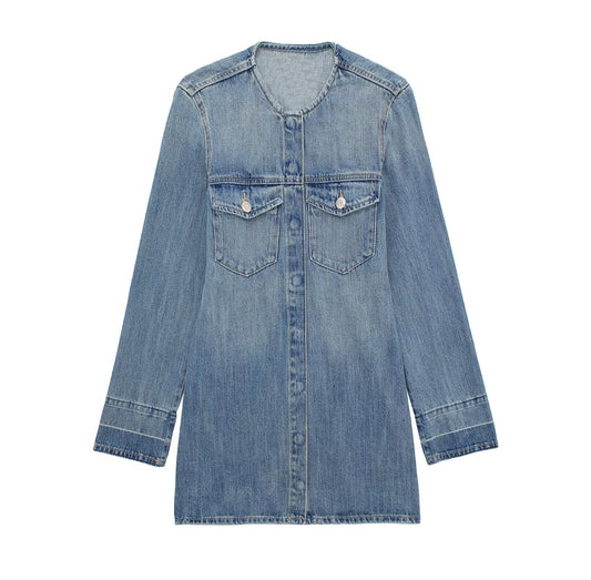 Vestido informal holgado de manga larga estilo retro de mezclilla para mujer, primavera y otoño