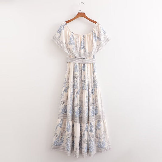 Vestido de primavera para mujer, largo medio, con estampado de hojas de loto en los hombros