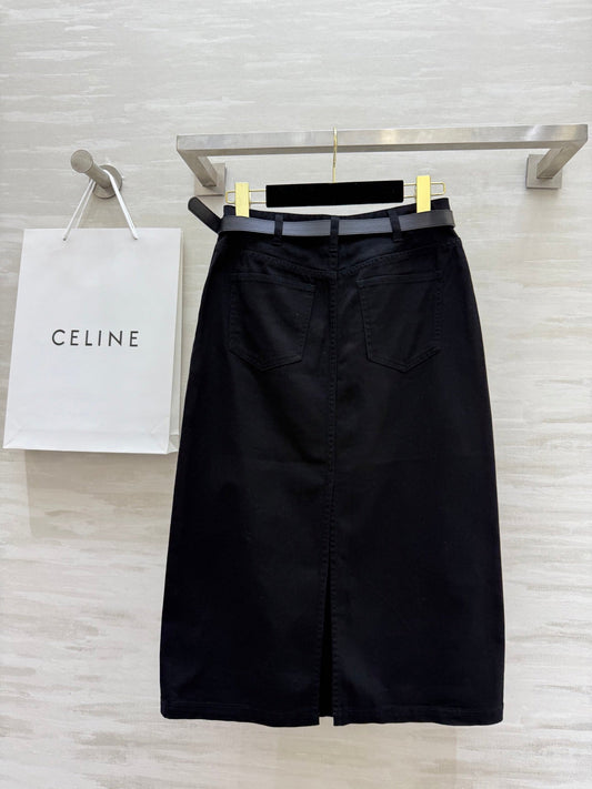 Celine 25 Denim Skirt with Logo Belt Black Cotton
