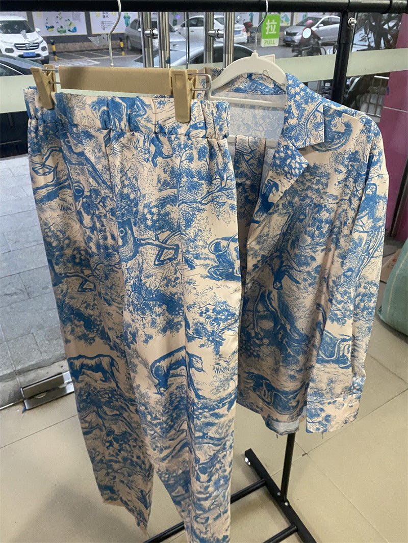 Conjuntos de camisa de manga larga con cordones y estampado francés para mujer, pantalones anchos de cintura alta