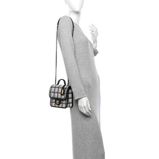 Tweed Calfskin School Memory Mini Top Handle Flap Ecru Grey Beige Black