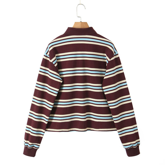 Camiseta polo de punto con rayas horizontales de colores contrastantes para mujer, ropa de otoño, camiseta de manga larga para mujer