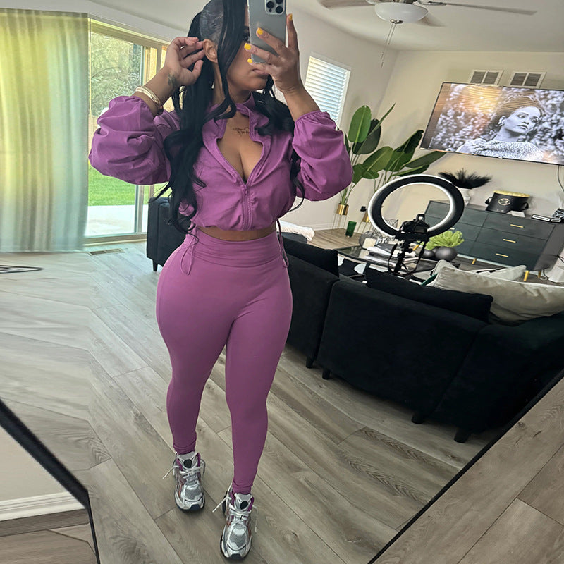 Traje de primavera y otoño para mujer, sexy, con cordón en la cintura, top corto y pantalones ajustados de cintura alta