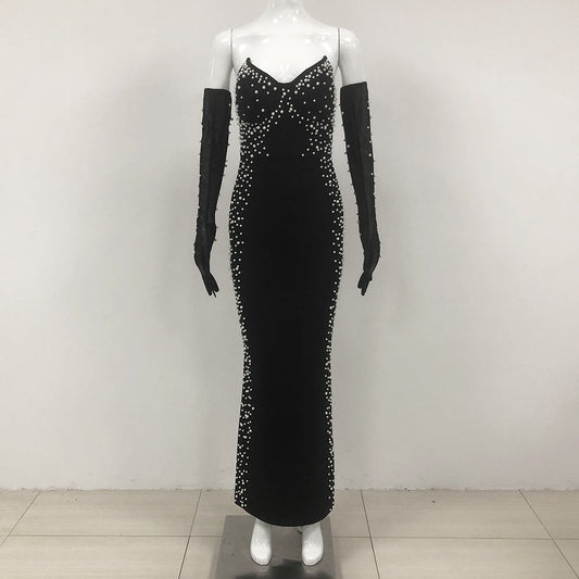 Winter Sexy Pearl Decoration Socialite Tube Top Bandage Dress
