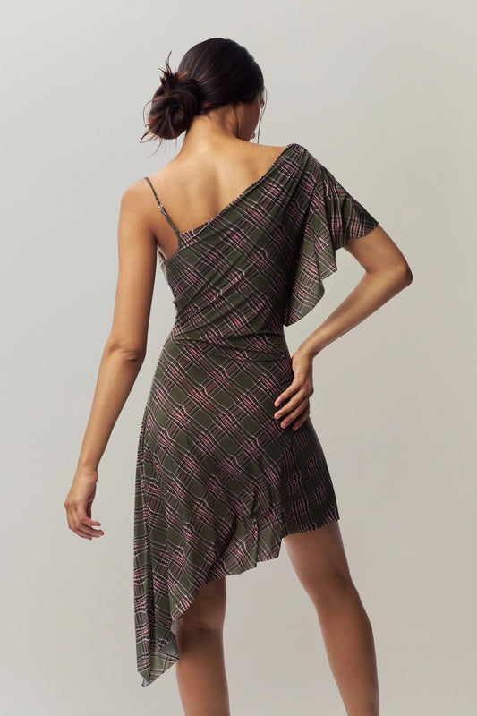 Vestido de primavera con cuello en diagonal y hombros descubiertos, estilo retro a cuadros, de diseño asimétrico irregular y elástico.